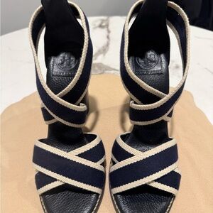 Tory Burch Navy and Cream Strappy Sandals